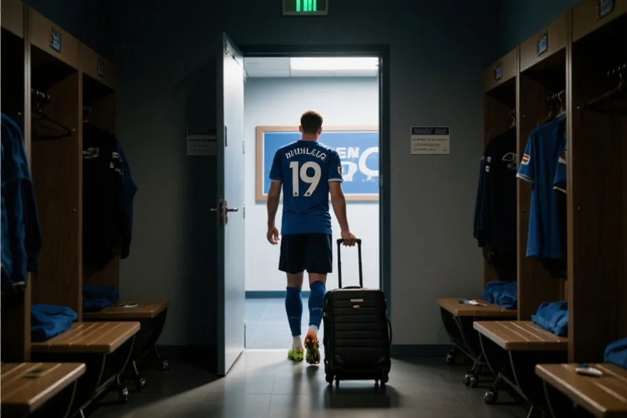 一名足球运动员背影拖着行李箱走出更衣室，象征转会离队，画面情感细腻